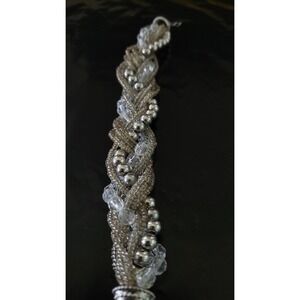 Braided Silver Tone Seed Bead Crystal Statement Bracelet 8" Chunky Boho